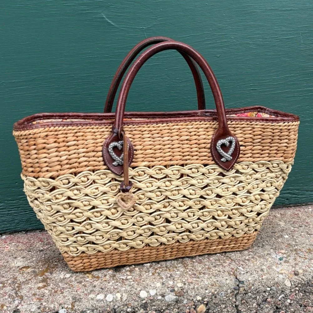 Brighton Straw Tote Bag Leather Trim Woven Heart Floral Lining Tan Brown Vintage - Picture 1 of 6